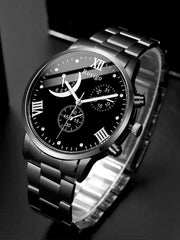 2PCS Men’s Quartz Watch Set - Steel Band with Chain Bracelet, Business Style