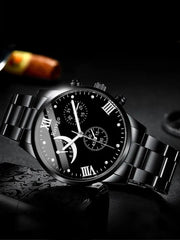 2PCS Men’s Quartz Watch Set - Steel Band with Chain Bracelet, Business Style