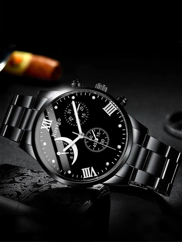 2PCS Men’s Quartz Watch Set - Steel Band with Chain Bracelet, Business Style