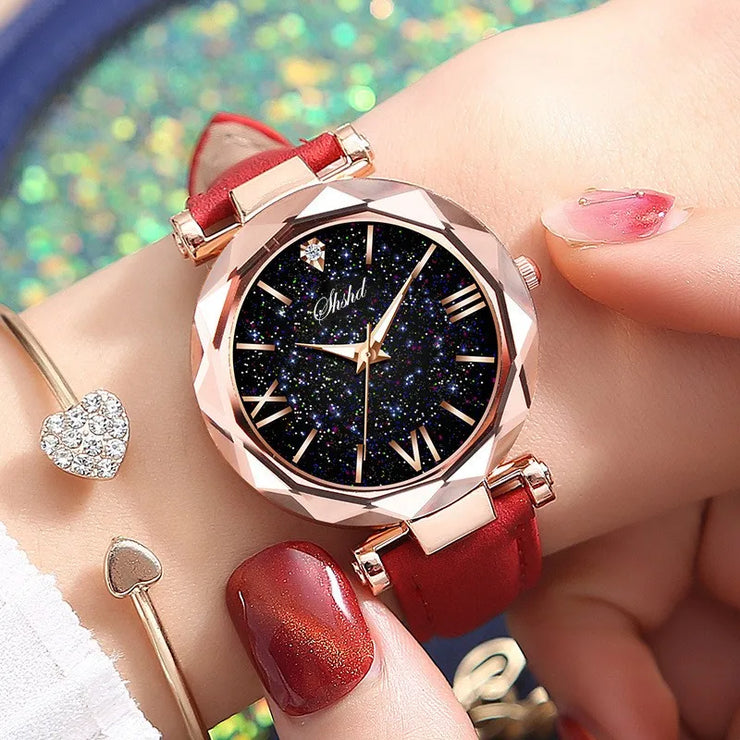 Women’s Luxury  Quartz Watch - Starry Sky Design with Leather Strap