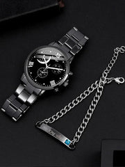 2PCS Men’s Quartz Watch Set - Steel Band with Chain Bracelet, Business Style