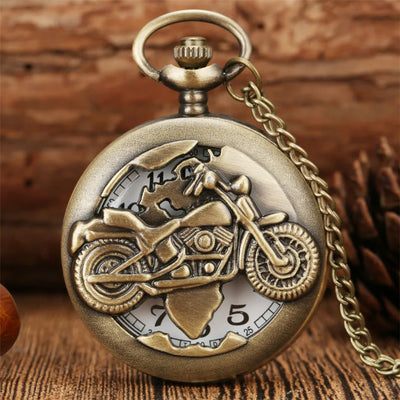 Bronze motorcycle pocket watch with a detailed motorcycle design on the front, quartz movement, and chain, perfect for enthusiasts.