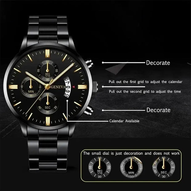 Luxury Men’s Stainless Steel Quartz Watch - Business Calendar Wristwatch