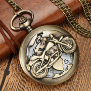 Unique bronze motorcycle pocket watch featuring a 3D motorcycle design, numberless display, and stylish chain for men.