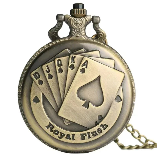 Front view of the vintage bronze poker pocket watch with a royal flush design and bold 'Royal Flush' engraving. Perfect gift for poker enthusiasts.