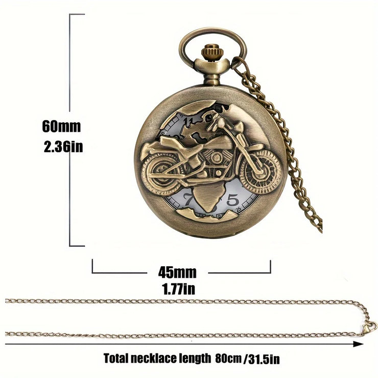 Bronze motorcycle pocket watch with dimensions of 60mm height, 45mm diameter, and an 80cm chain, ideal gift for motorcycle lovers.