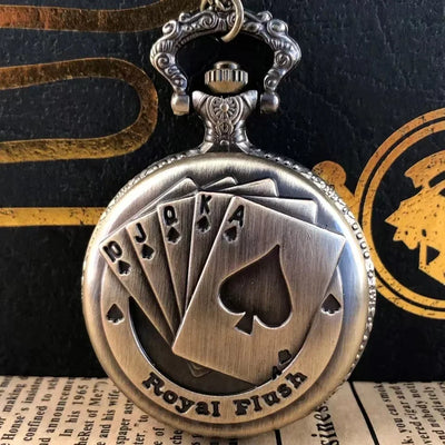 Vintage bronze pocket watch featuring a poker-themed design with a royal flush motif and intricate detailing. Ideal gift for kids, men, and women.