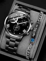 2PCS Men’s Quartz Watch Set - Steel Band with Chain Bracelet, Business Style