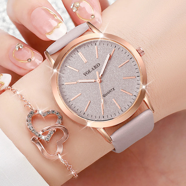 Women’s 5pcs Watch Set - Matte Dial, Diamond Heart Jewelry & Leather Band