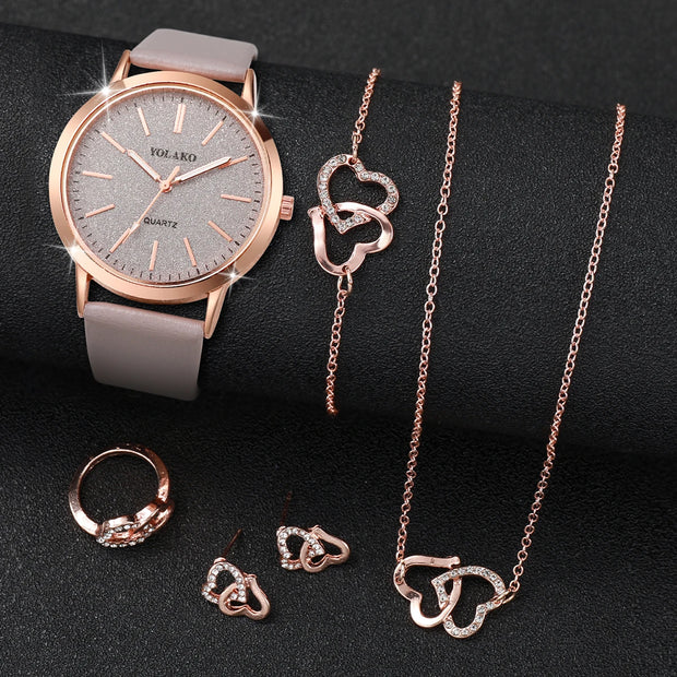 Women’s 5pcs Watch Set - Matte Dial, Diamond Heart Jewelry & Leather Band