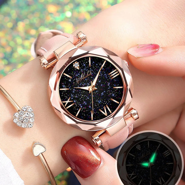 Women’s Luxury  Quartz Watch - Starry Sky Design with Leather Strap